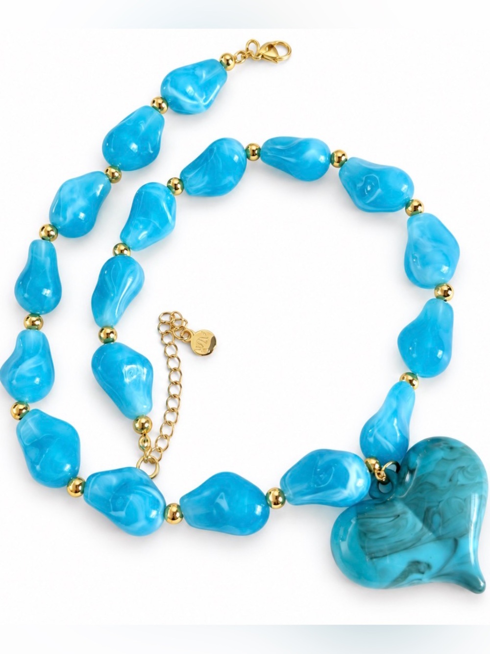MAYAMAR Turquoise Resin Heart Statement Necklace 18k Gold Plated Beads